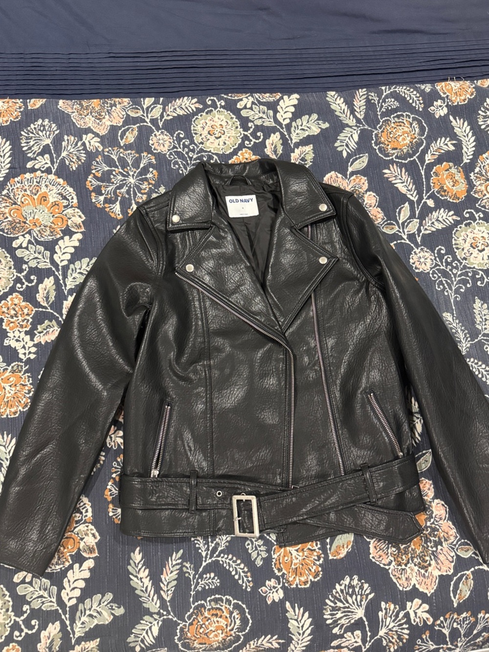 Old Navy Black Faux Leather Biker Jacket with Belt